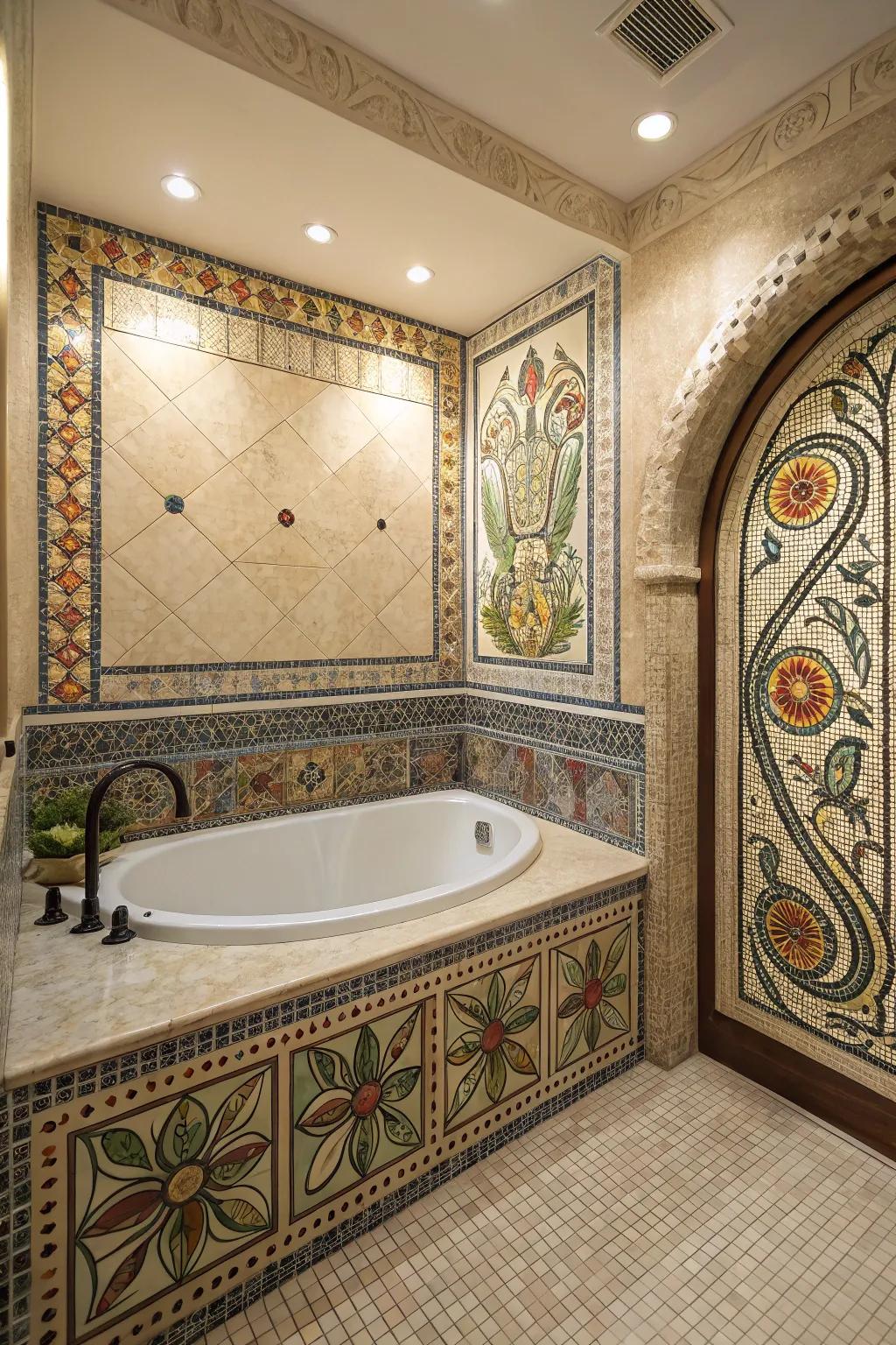 Mosaic patterns transform bathtub walls into artistic masterpieces.
