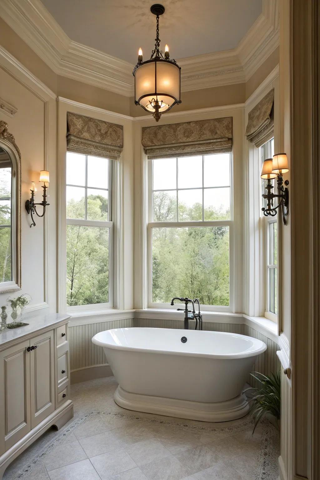 Angled windows enhance the bathroom with classic elegance.