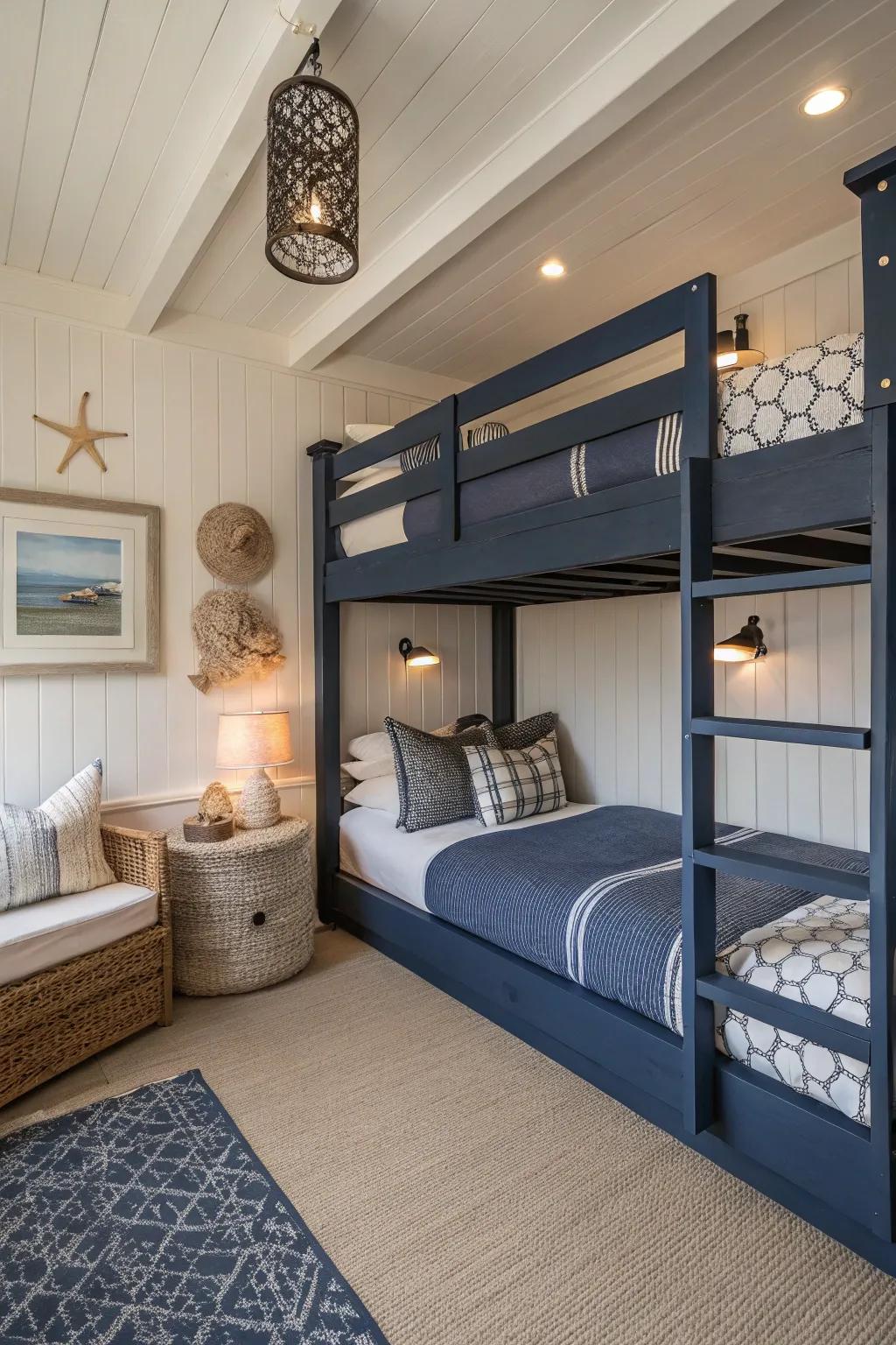 Embrace simplicity with understated navy ground bunks.