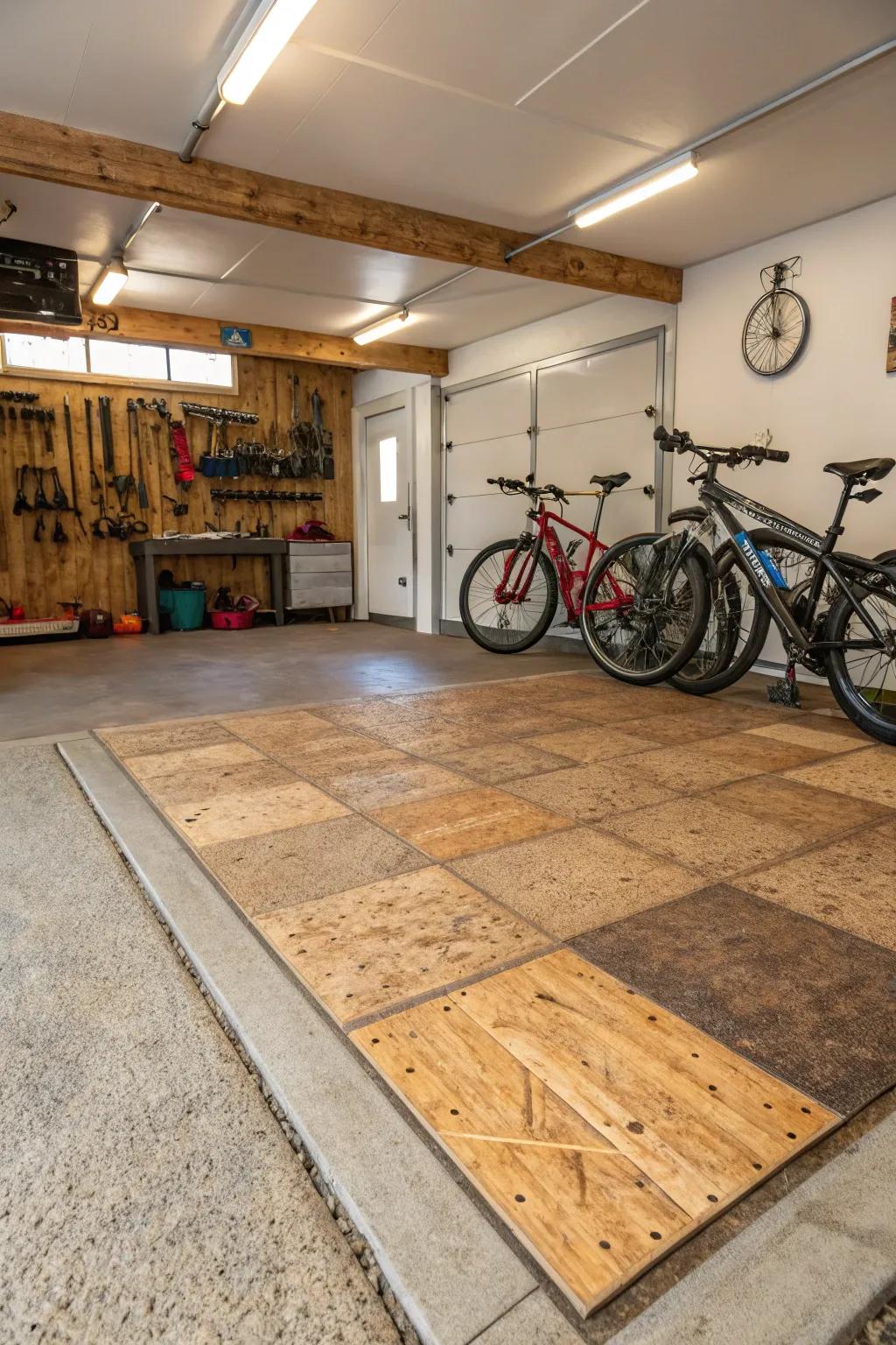 Eco-conscious flooring adds warmth and style to the garage.