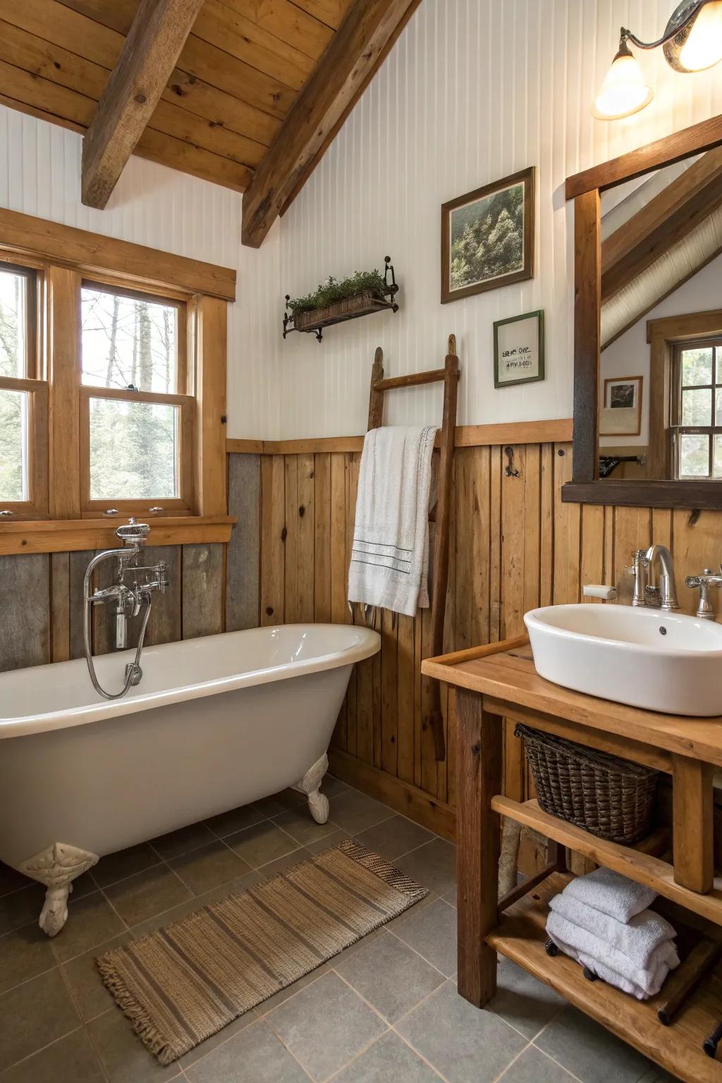 Decorative panels and timber unite for a country, warm sensation.
