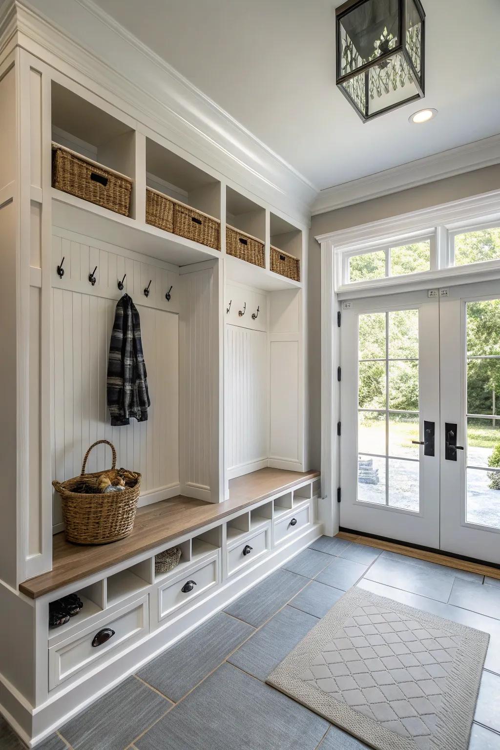 A contemporary mudroom with fashionable planking paneling.