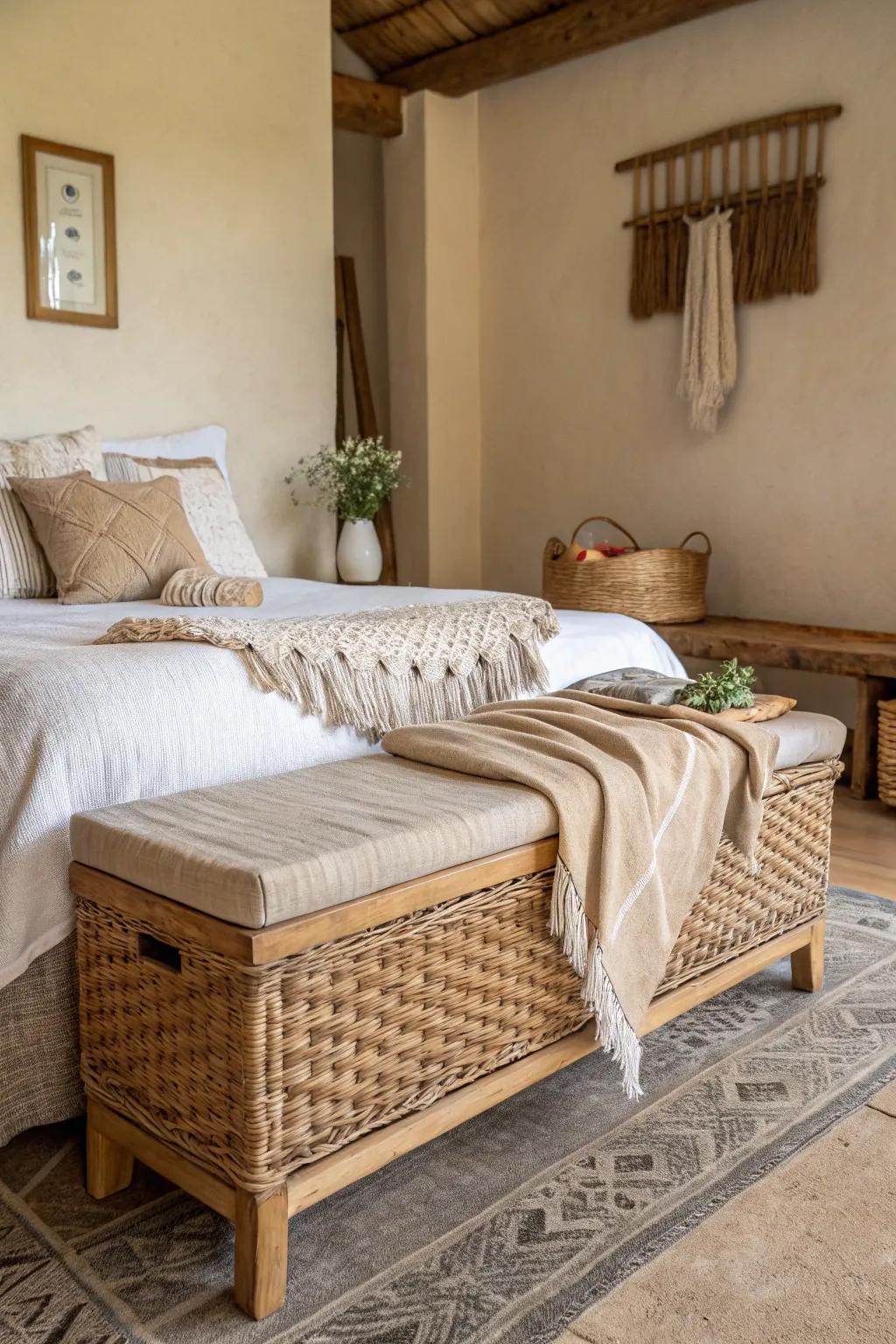 Wicker benches provide texture and an organic vibe to your bedroom.