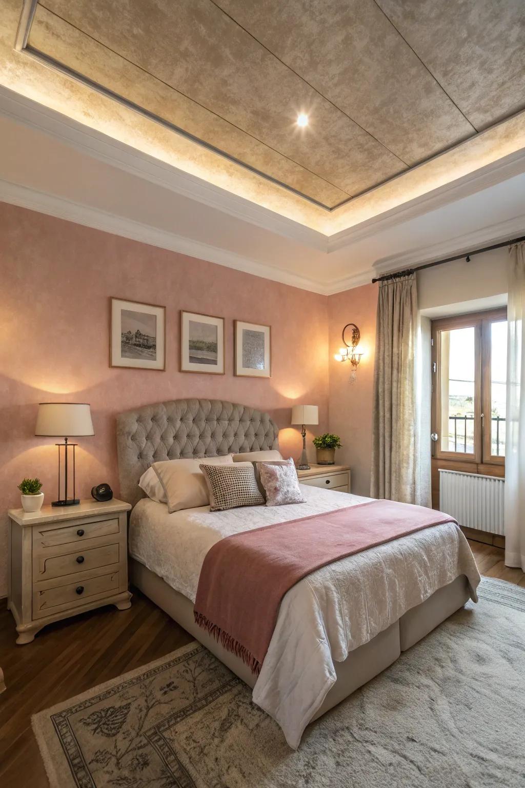A subtle-hued ceiling adds a surprising twist to this slumber space.