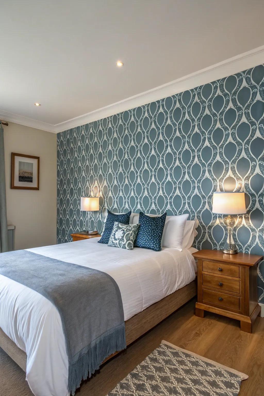 A bold wow wall with stylish wall cover remakes this modern bedroom.