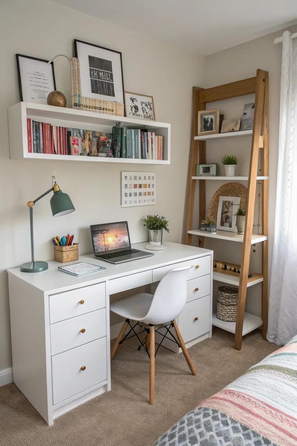 Mix desk and shelving for excellent vertical use.