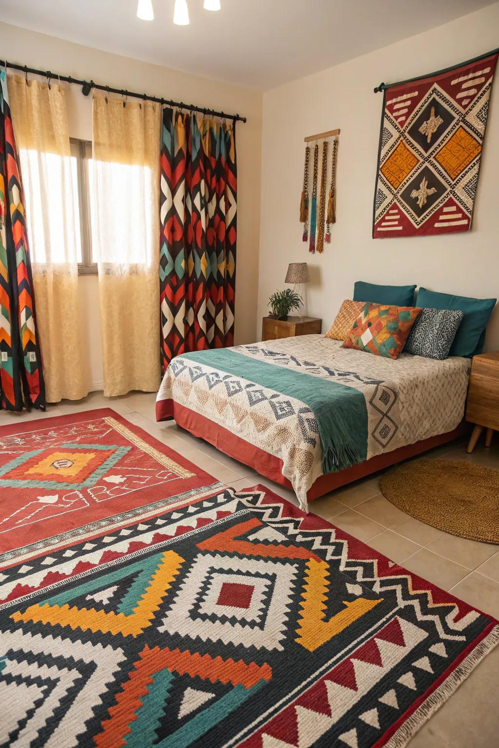 Bold patterns add a playful and dynamic element to the bedroom.