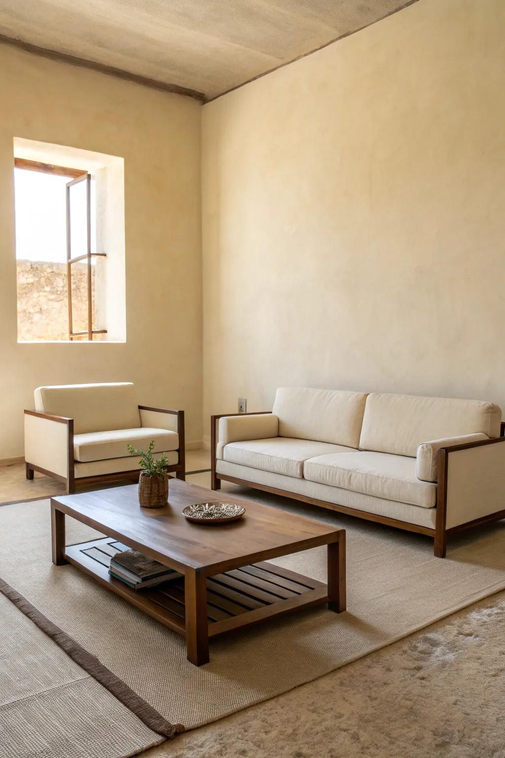 Simple furniture complements the modern aesthetic of this beige interior.