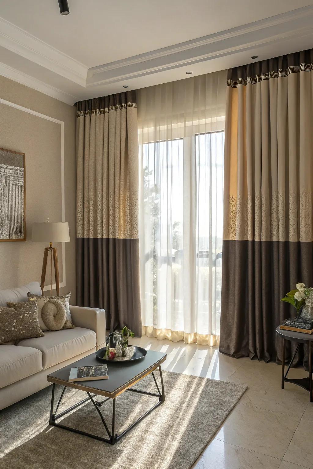 Two-tone curtains add a dynamic and artistic touch.