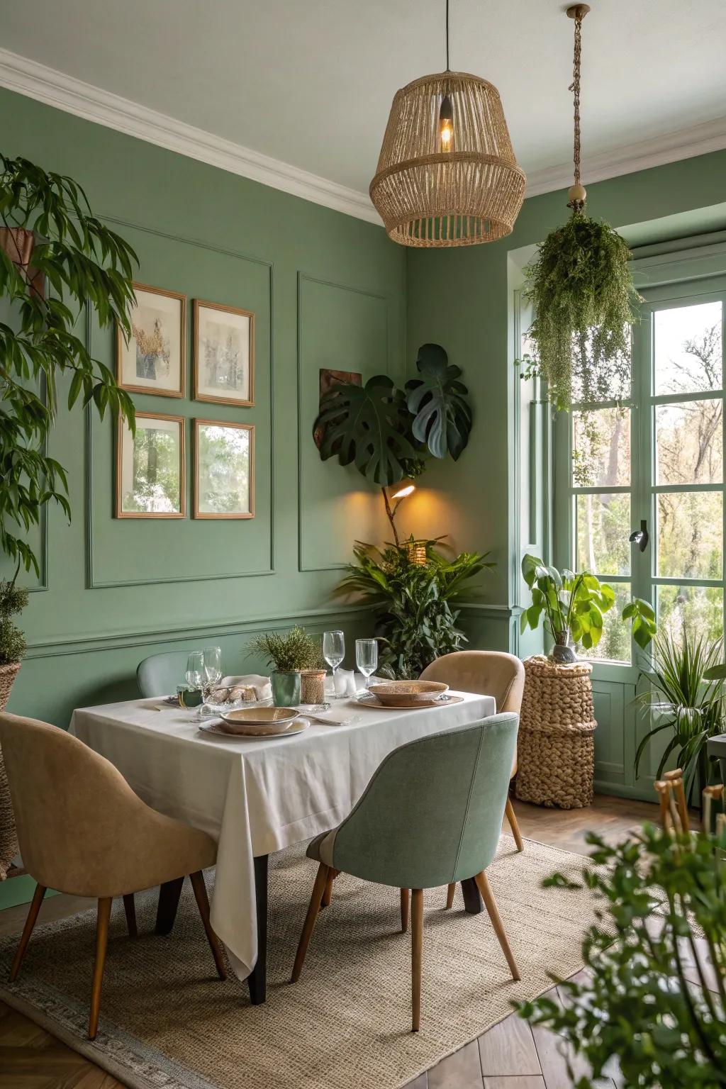 Gray-green brings a hint of nature's peace to dining areas.