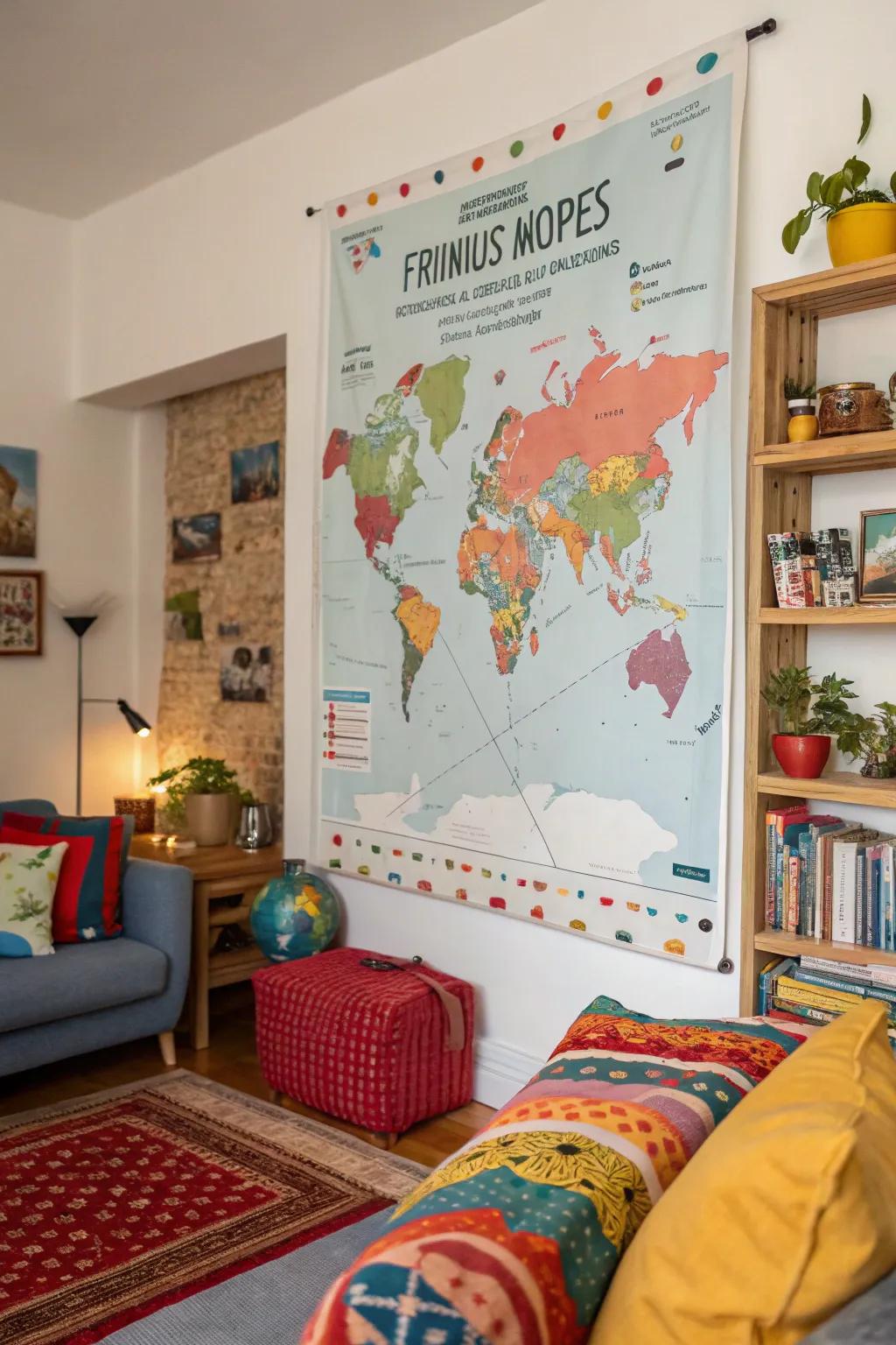 A travel map poster captures friends' shared adventures across the globe.