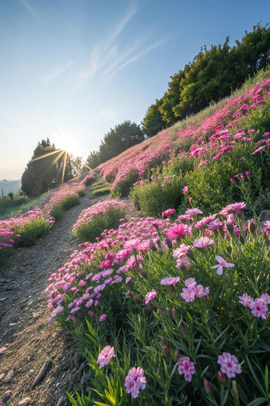 Rosy Mat Dianthus thrives in sunny, hot conditions.