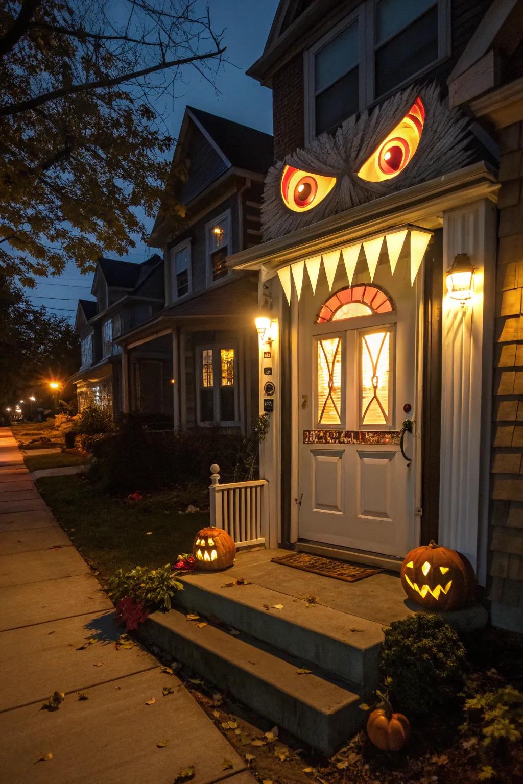 A beastly gateway welcomes guests with a playful Halloween spirit.