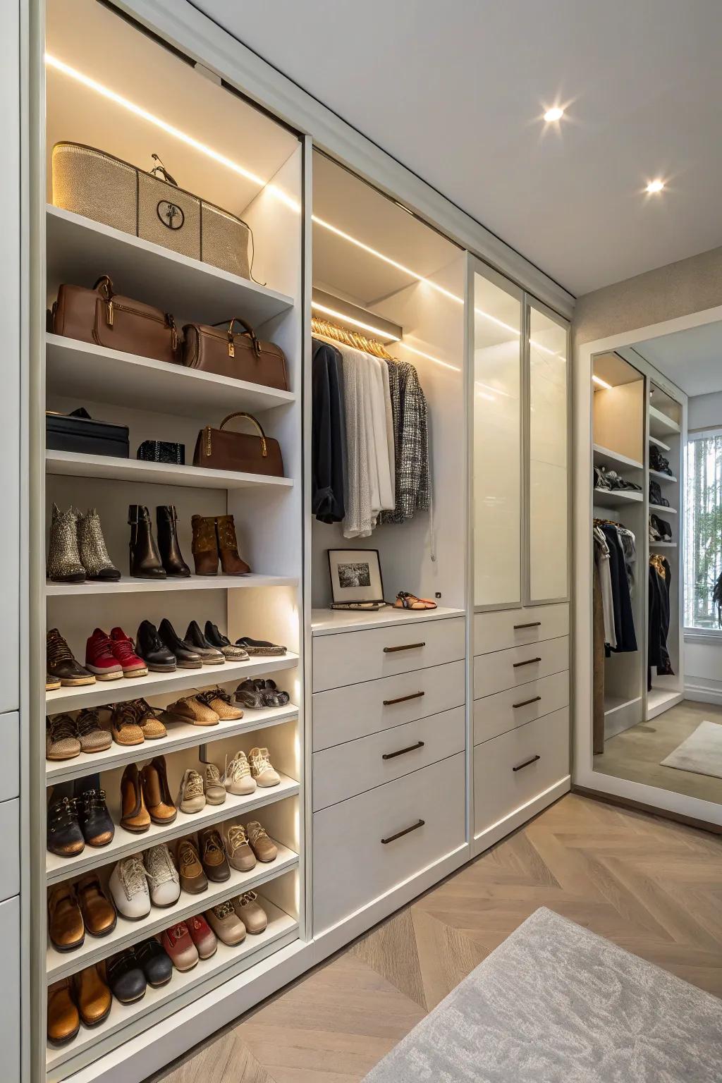 A closet featuring custom-built storage sections for footwear and accessories.