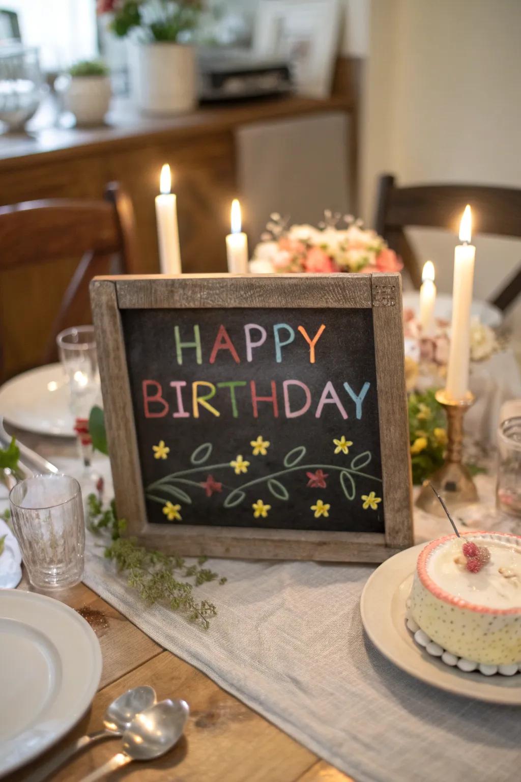A stylish writing board centerpiece adds a personal touch to the celebration.