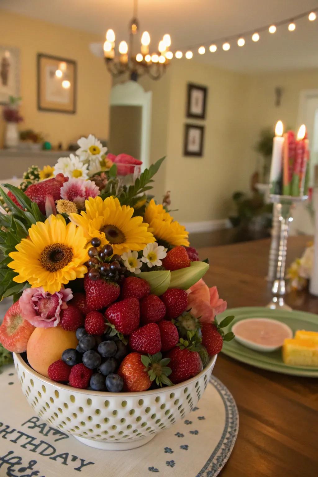 Combinations of orchard harvests and blossoms engender a vivid and crisp centerpiece.