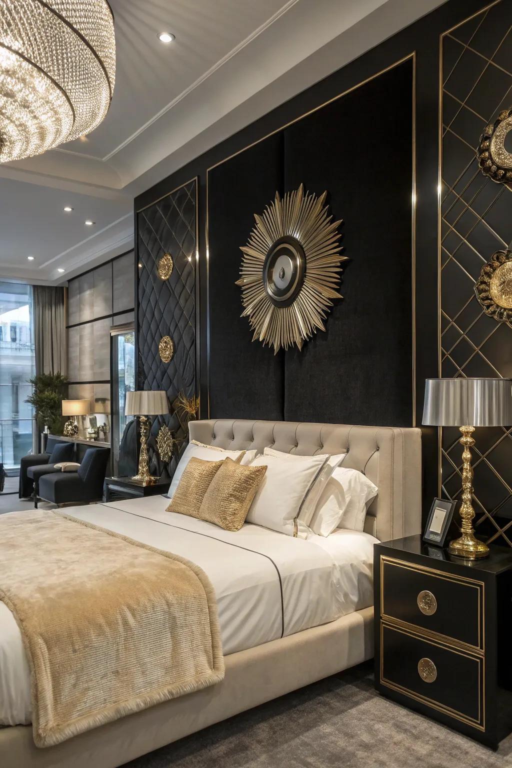 Metallic accents add luxury and sophistication to a black accent wall.