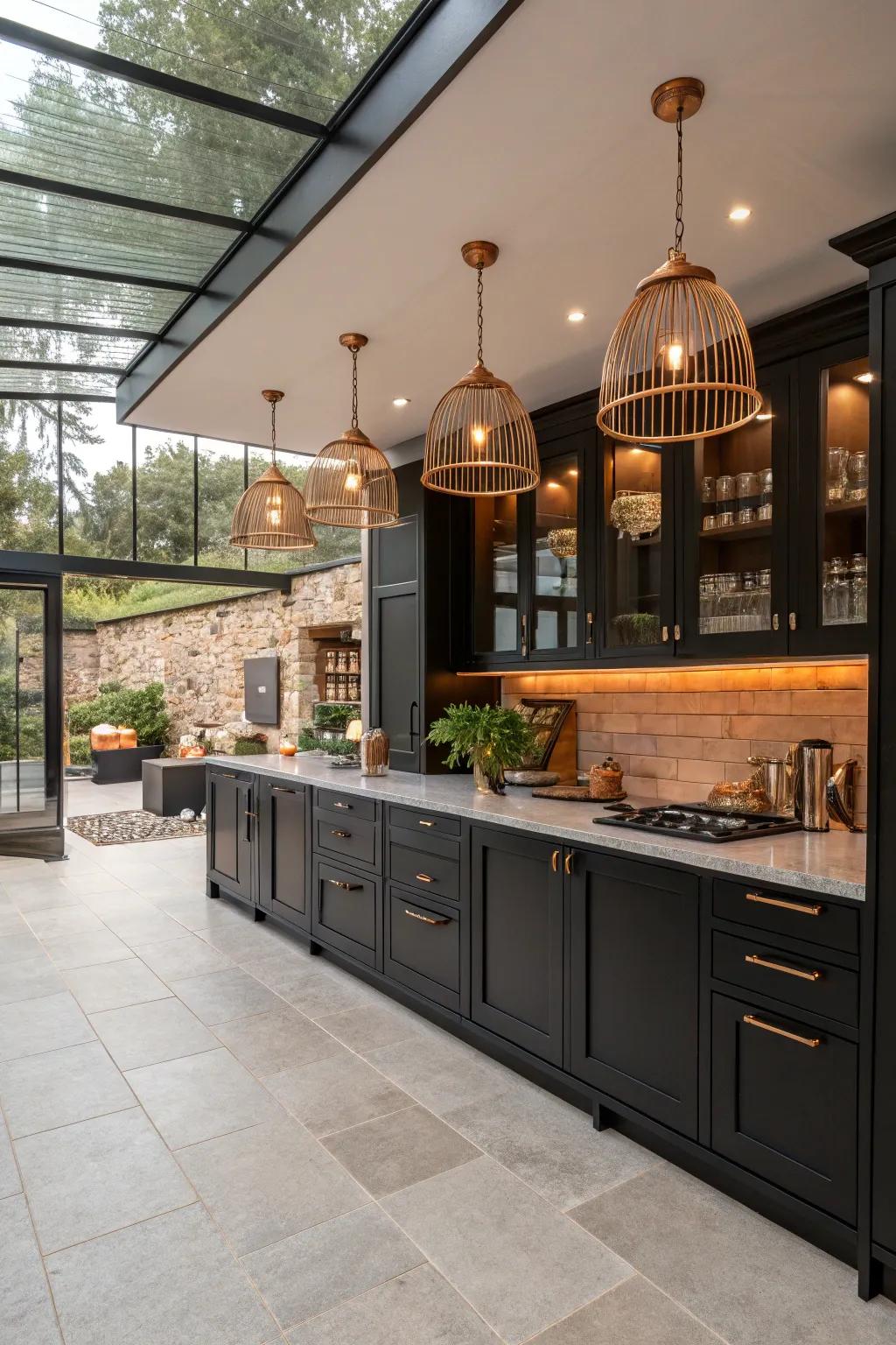 Copper highlights enhance the functionality of an open cooking area layout.