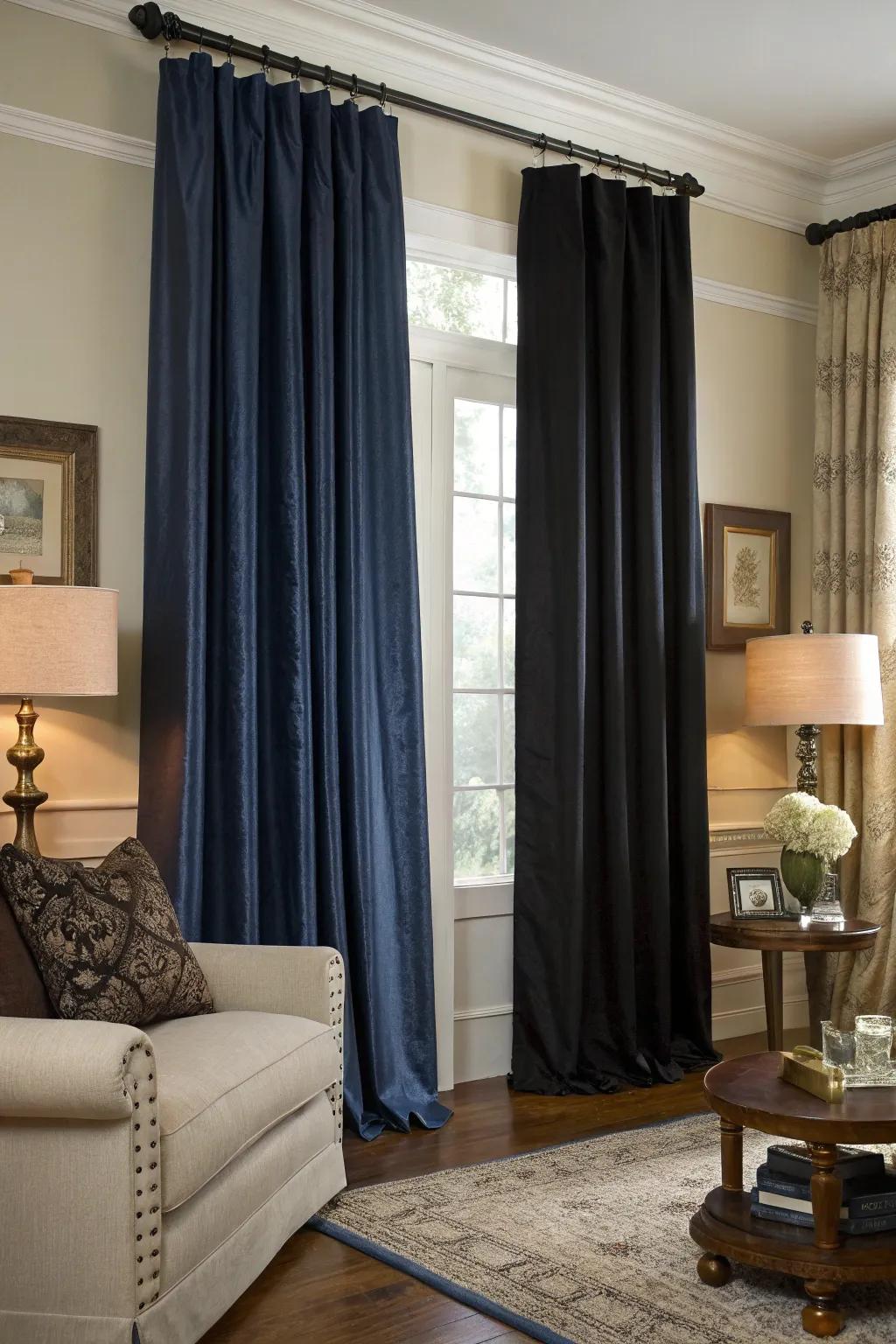 Deep blue and shadowed window dressings add sophistication and grace.