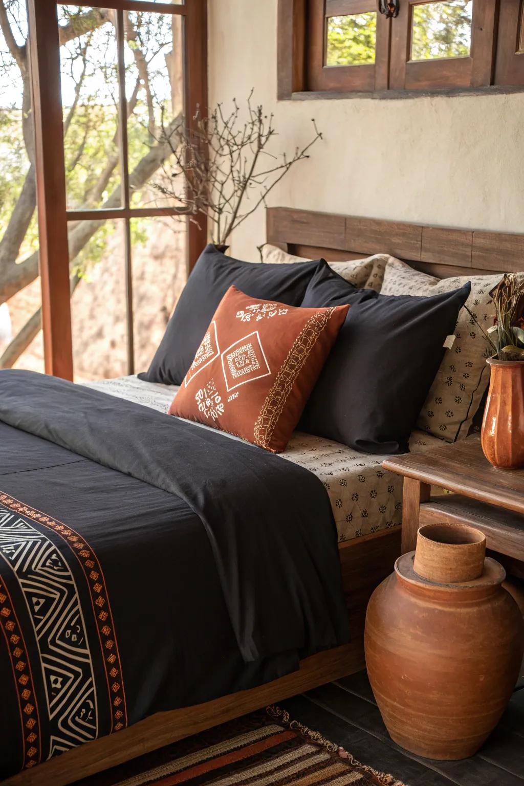 Grounding black bedding with terrestrial hues.