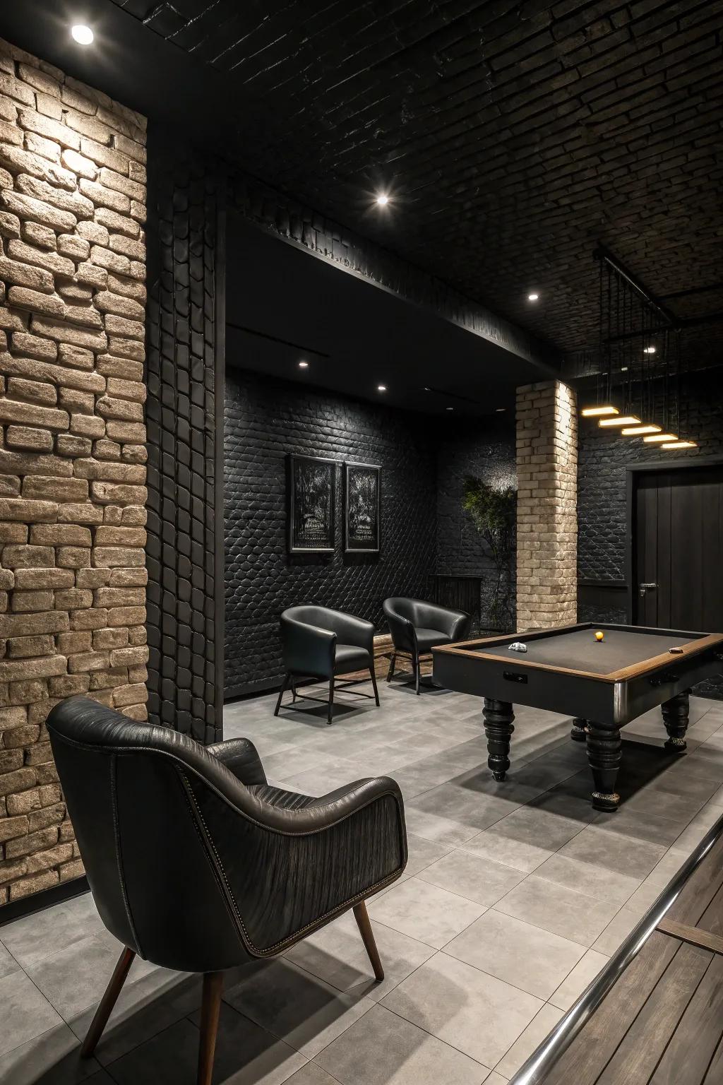 Textured walls add depth and dimension to the game room's design.