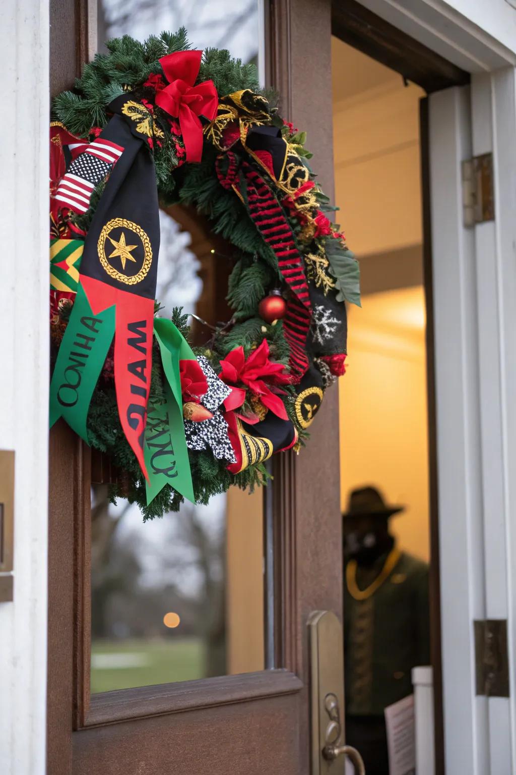 A wreath celebrating Black heritage introduces a welcoming touch.