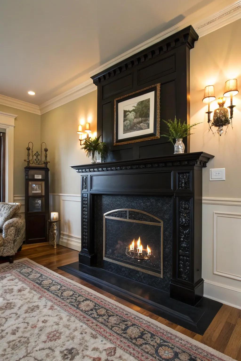 A black-painted hearth as the room's focal point.