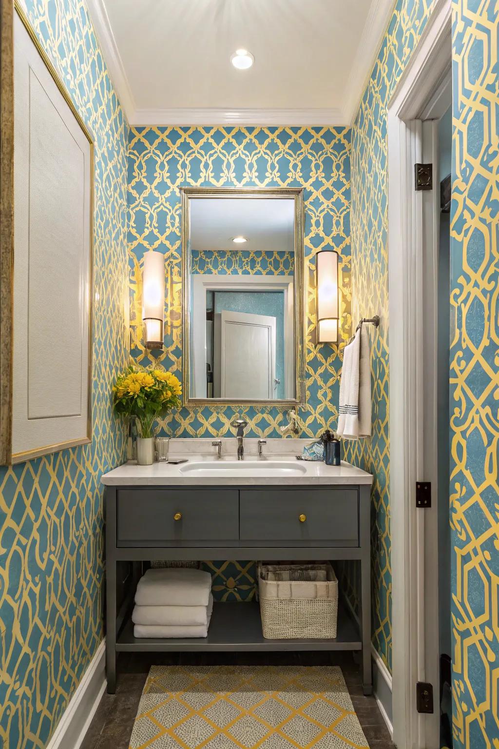 A powder room revolutionized with striking azure and gold wallpaper.