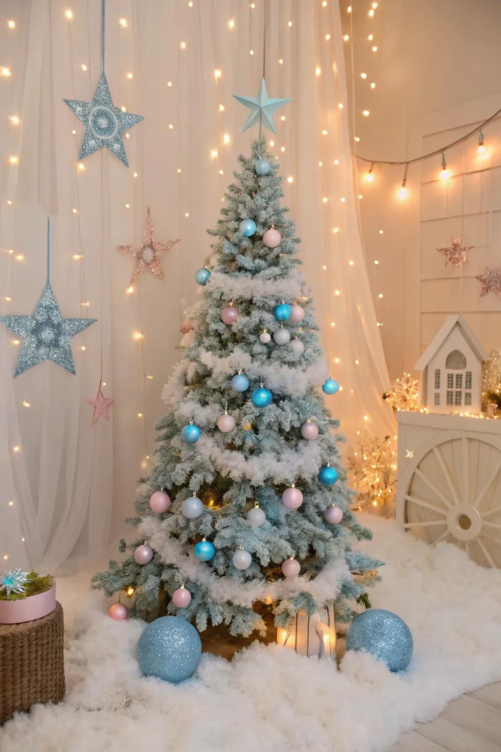 A whimsical blue and pastel Christmas tree.