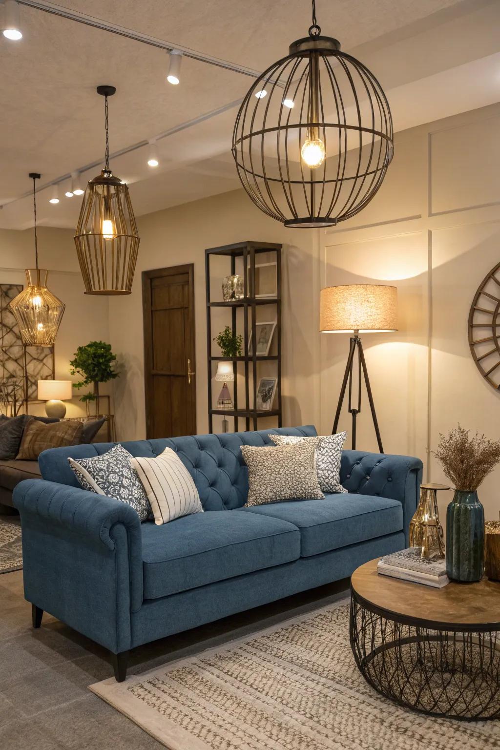 Strategic lighting emphasizes the hue and texture of a cerulean sofa.