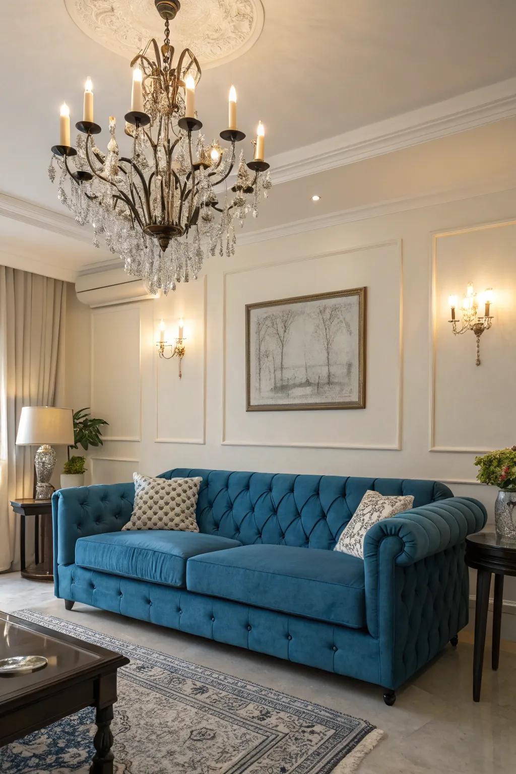 Statement illumination contributes drama and sophistication to the space.