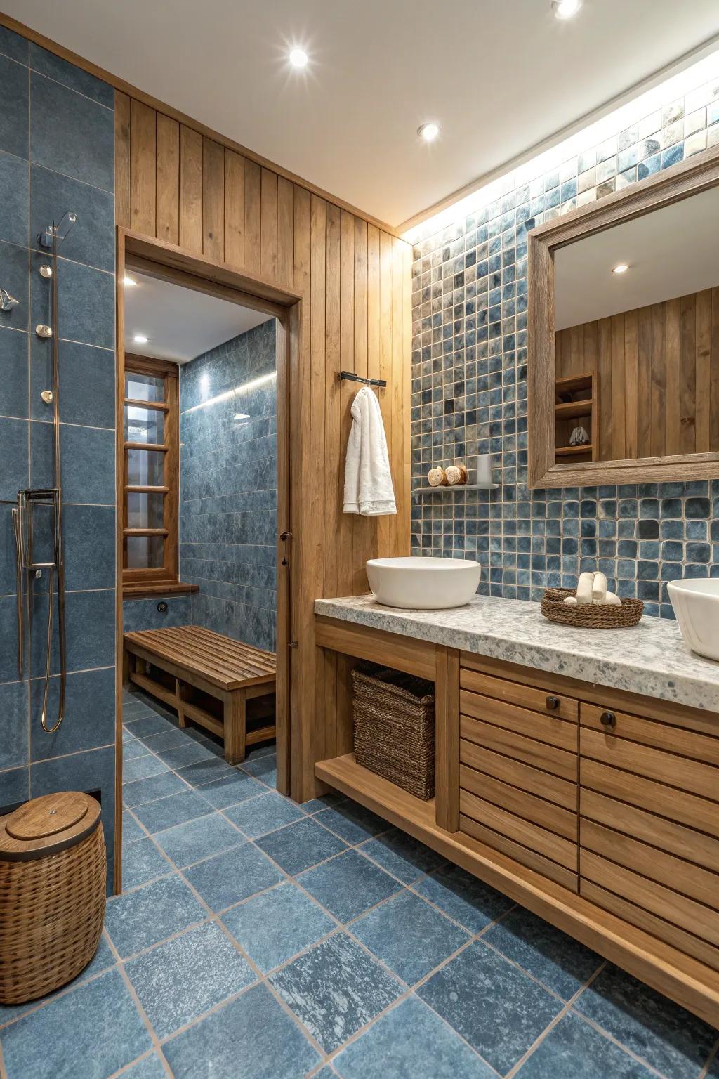 Unaffected rock-facade tiles contribute warmth and a hint of nature to your bathroom.