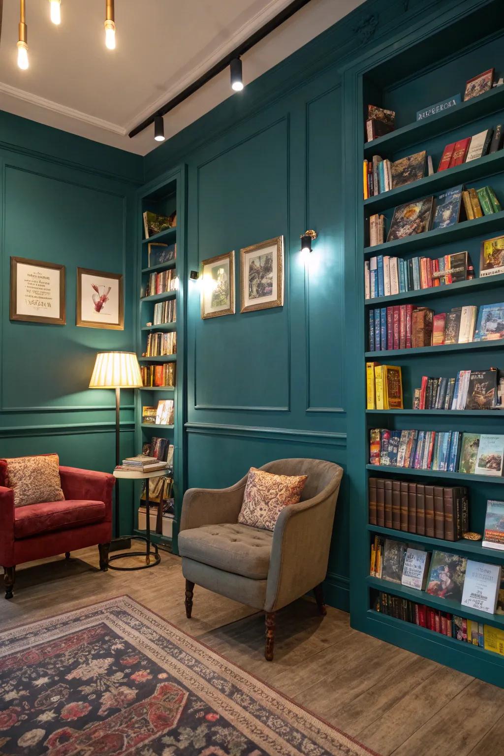 Bold teal walls provide a striking backdrop for books.