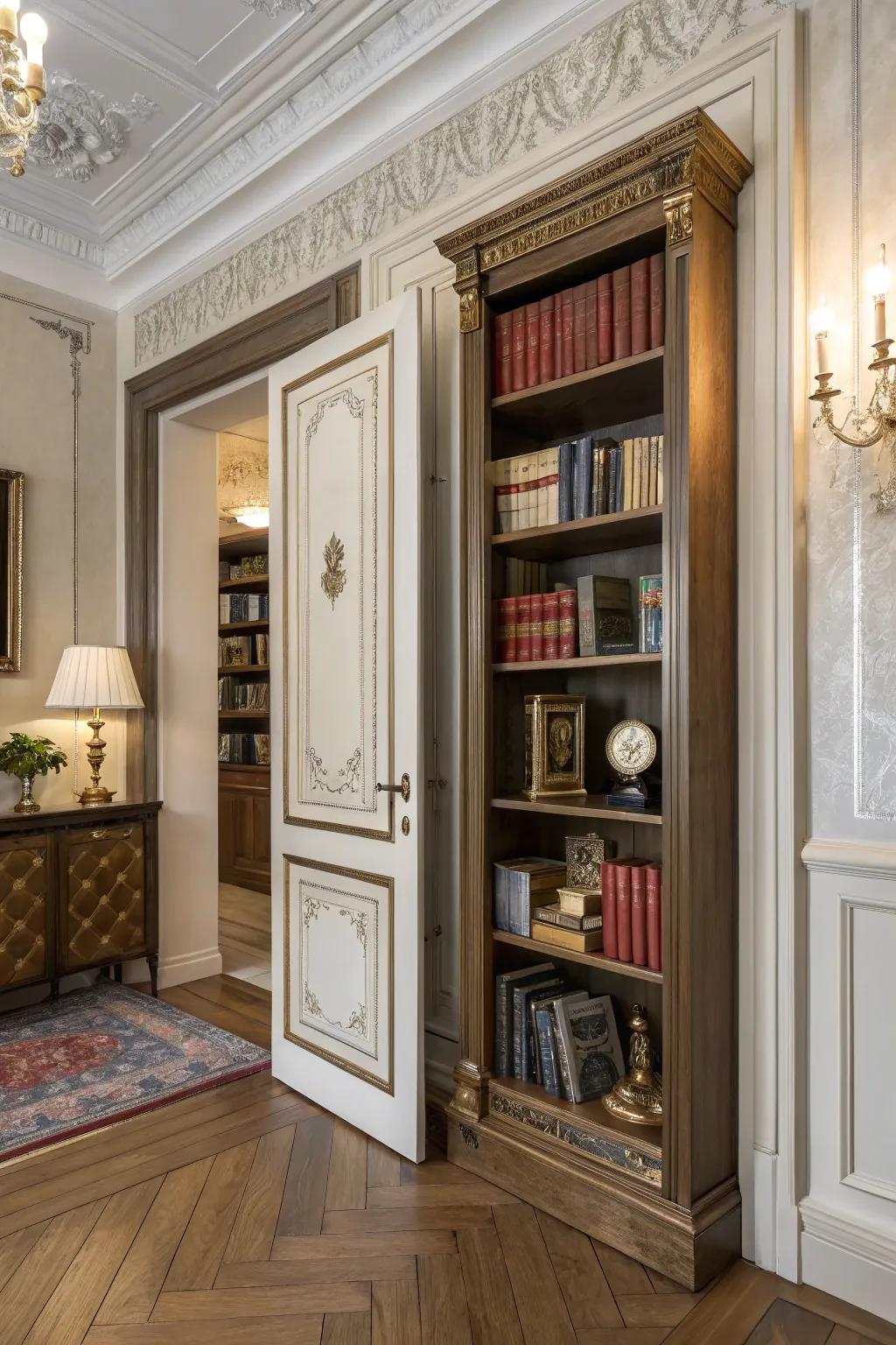 Incorporate a concealed entryway for an intriguing bookcase design.
