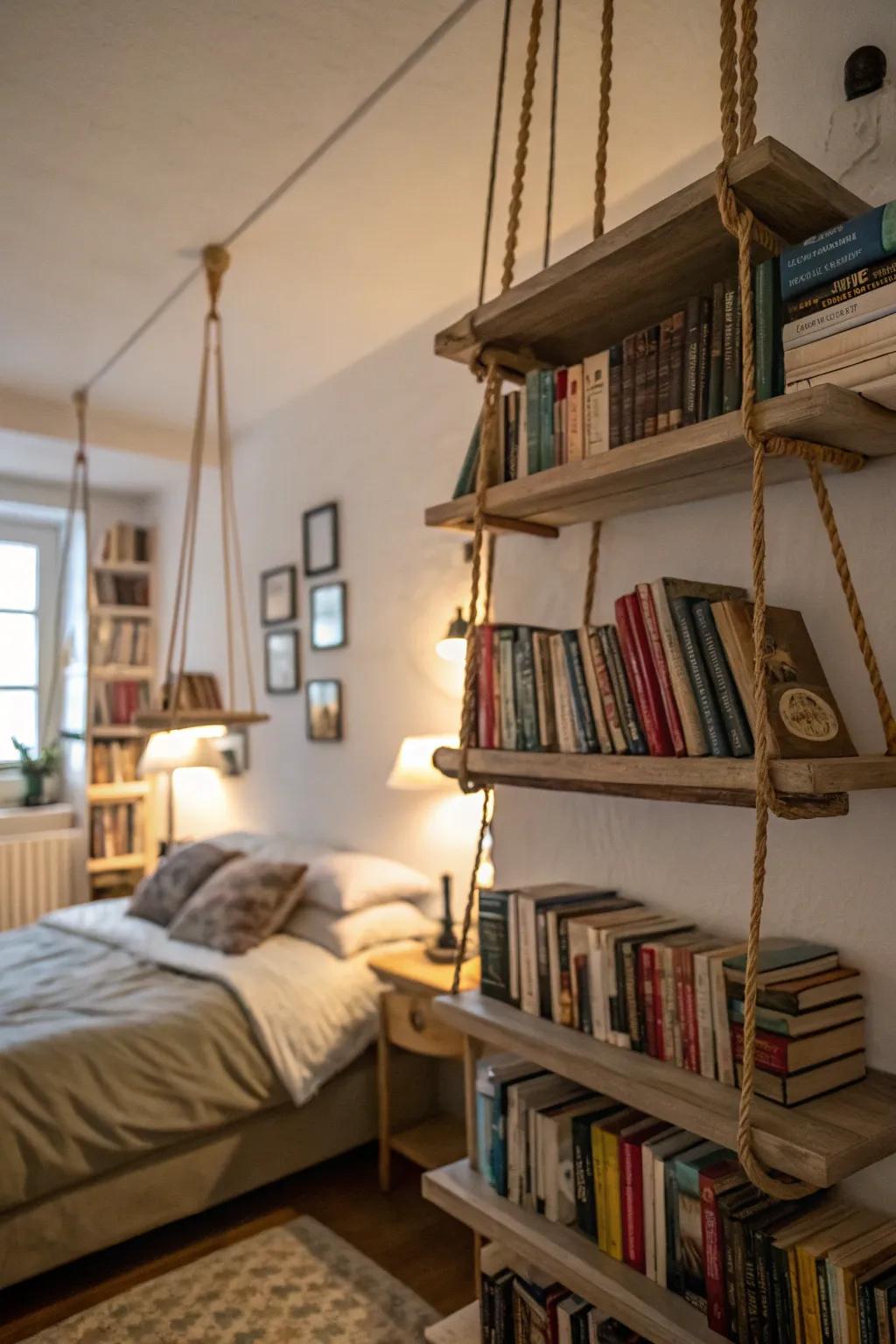 Hanging shelves adding a distinctive touch to the bedroom.