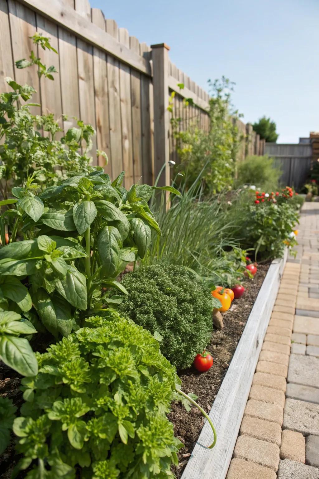 A practical garden border with edible herbs, nourished by EcoGrow Plant Food.