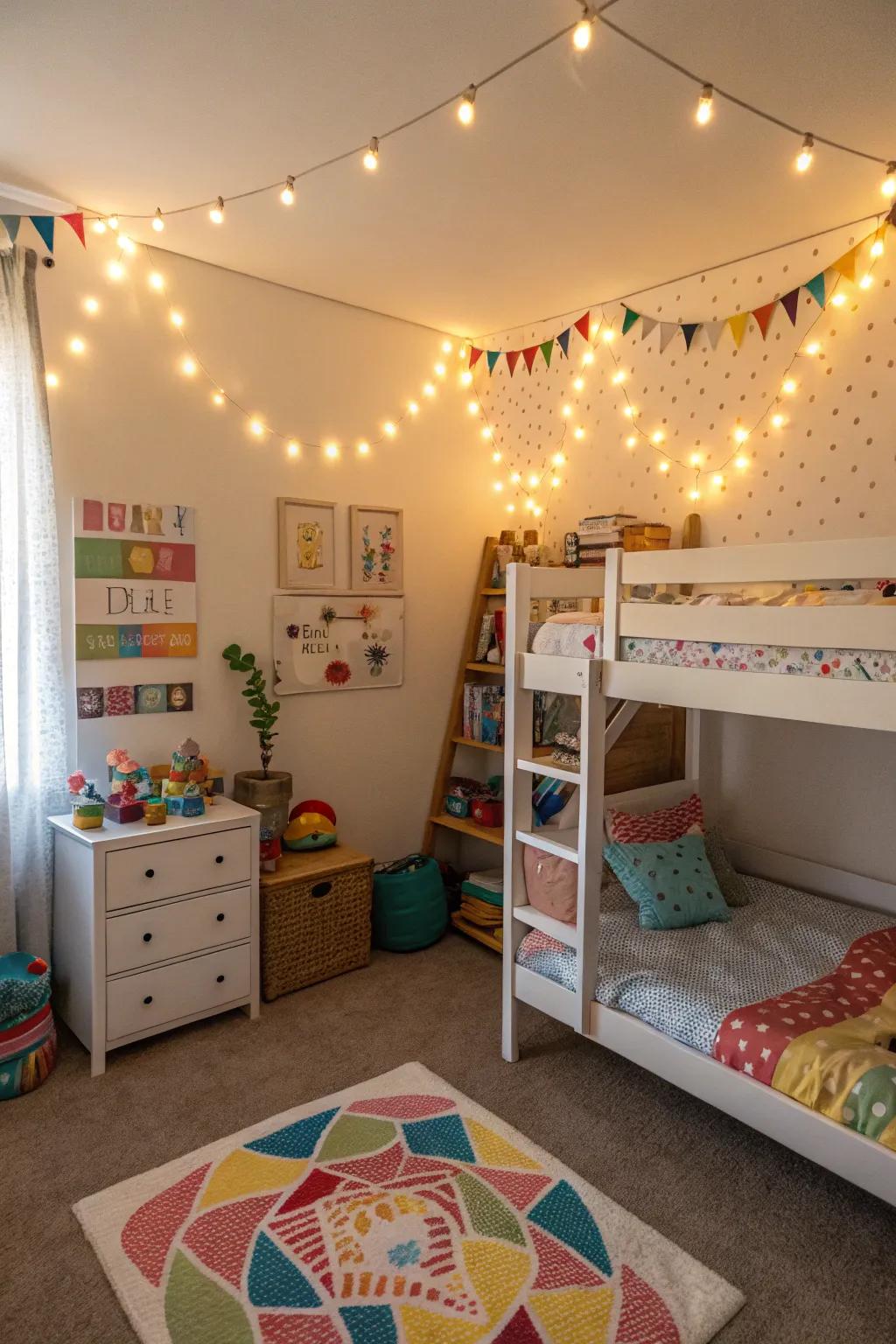 String lights give the shared space a whimsical ambiance.