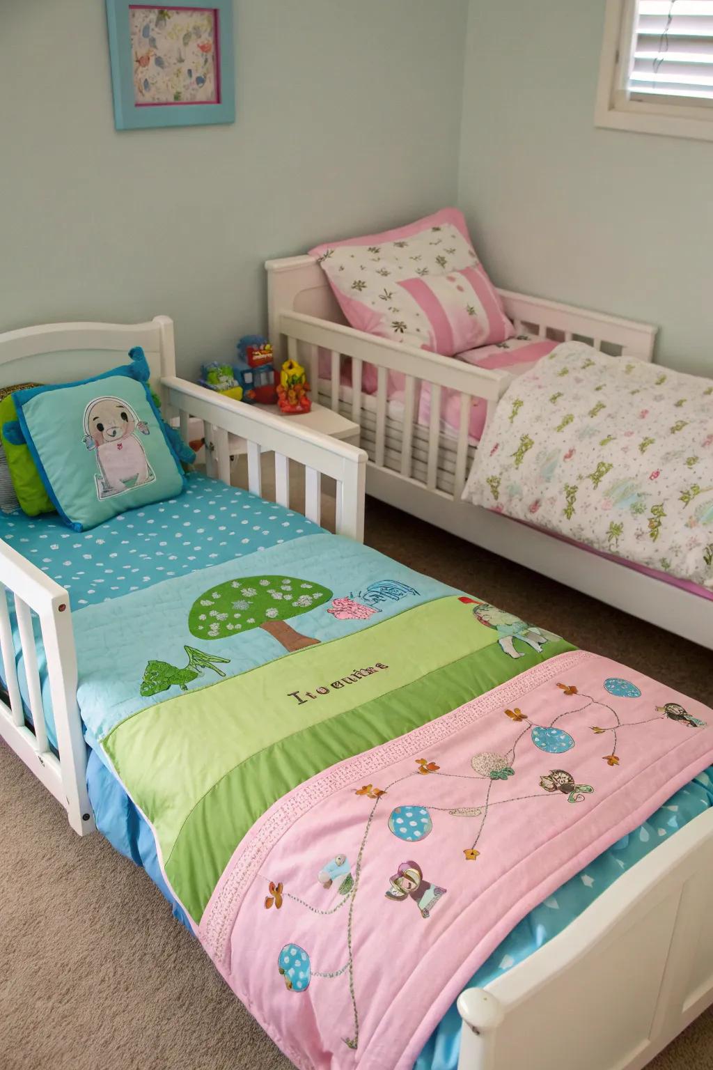 Personalized bedding brings a touch of identity to the room.