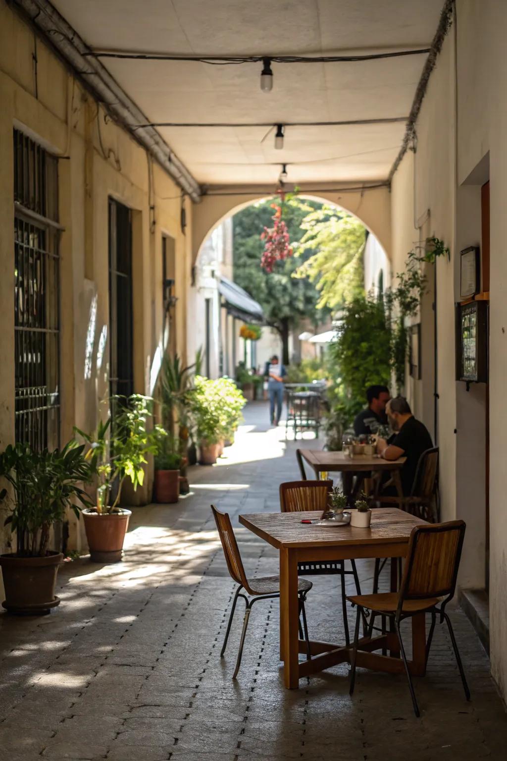 An inviting open-air meal spot nestled in the breezeway.