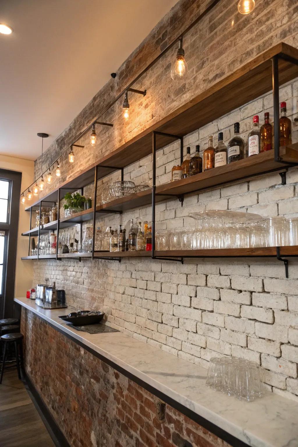 Floating shelves stylishly display glassware on a brick wall.