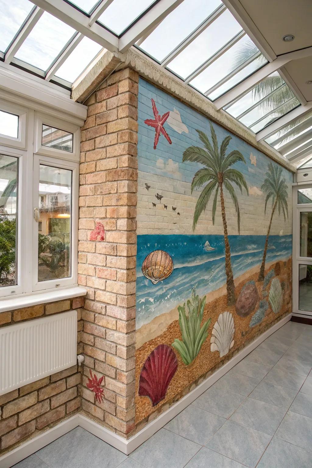 Coastal mural brings seaside feelings to a brick wall.
