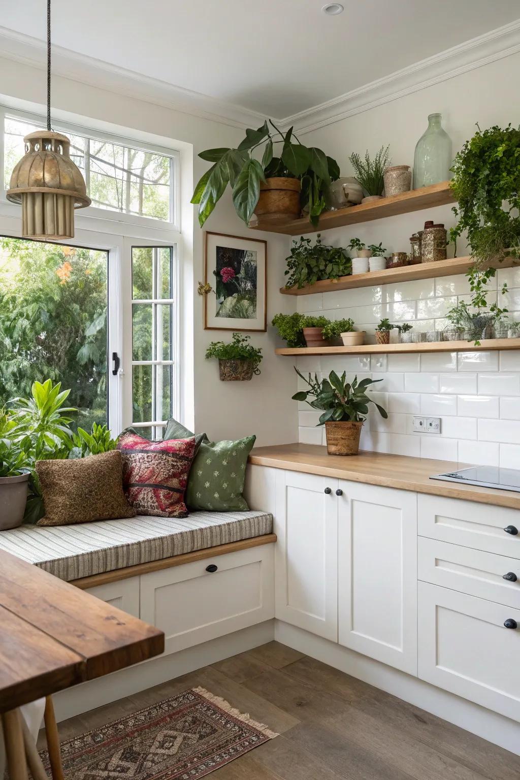 Pair bench seating with open shelving for a harmonious look.