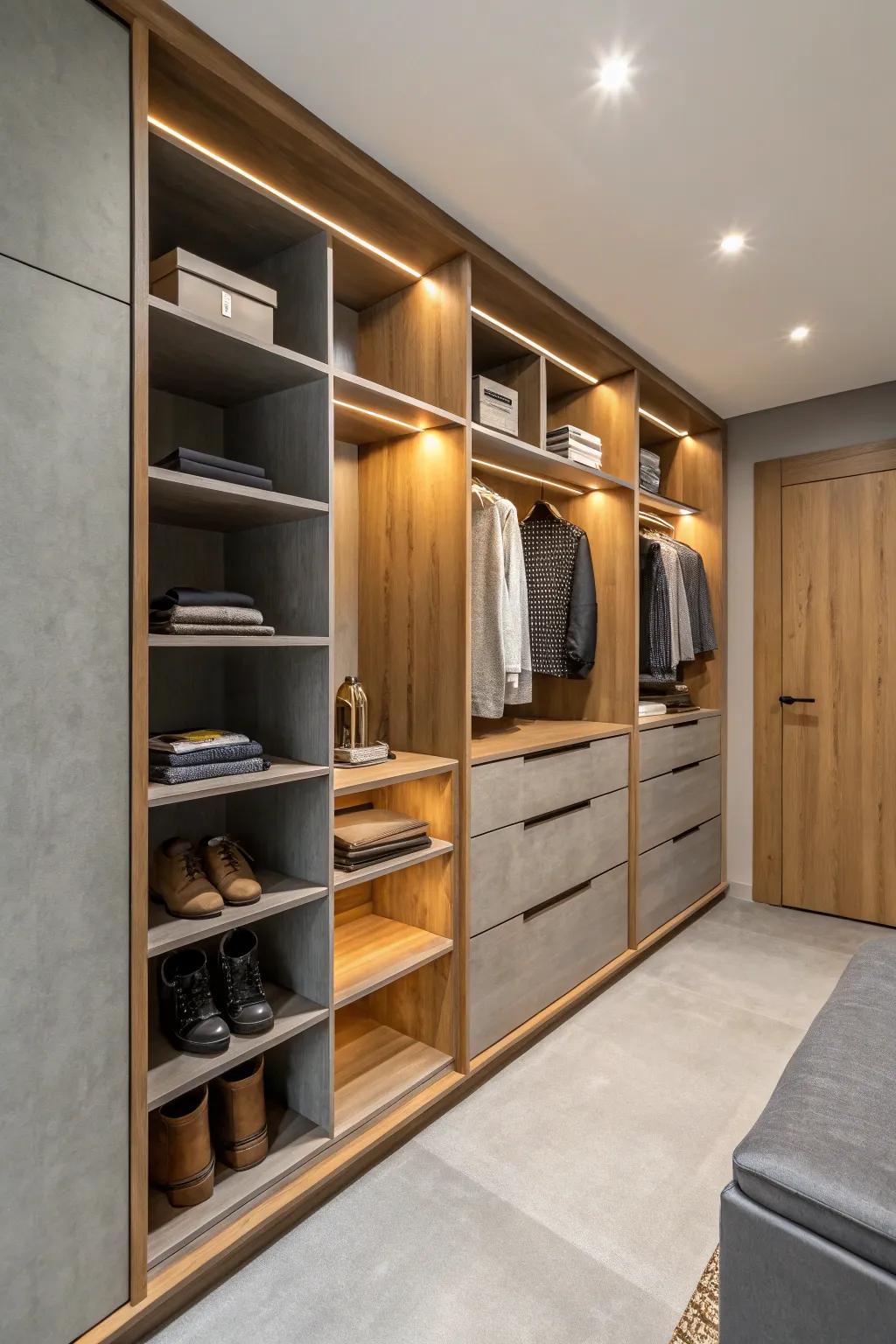 Fresh materials like wood and suede contribute timeless style.