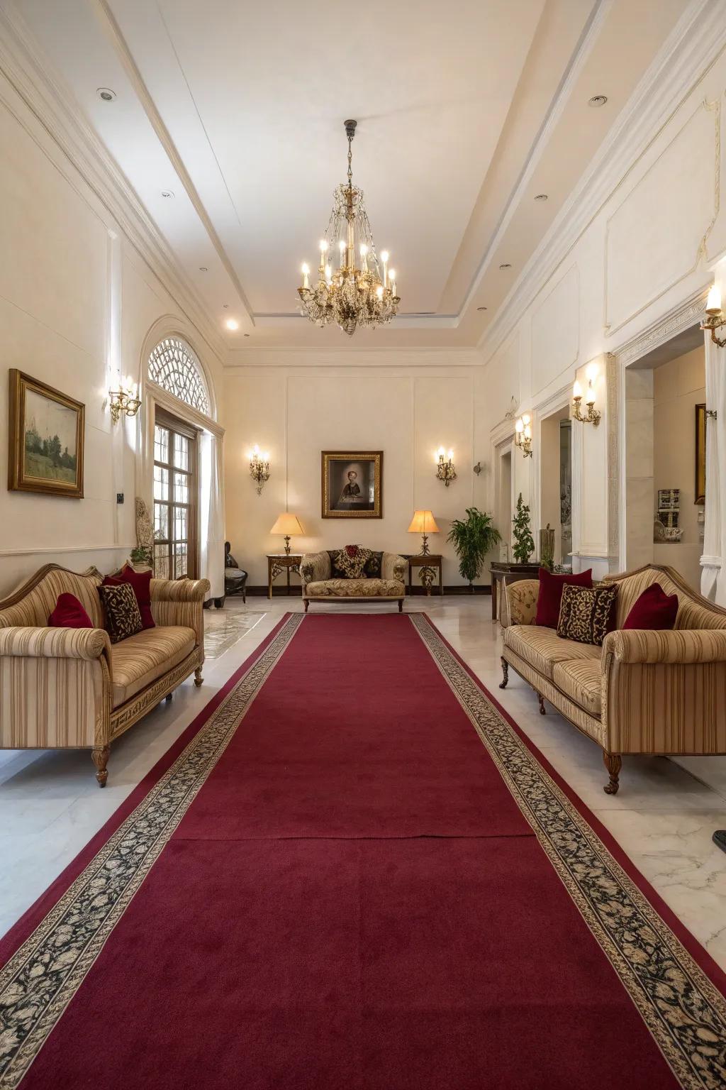 Symmetry intensifies the dignified sensation of a scarlet floor covering in a lounge.