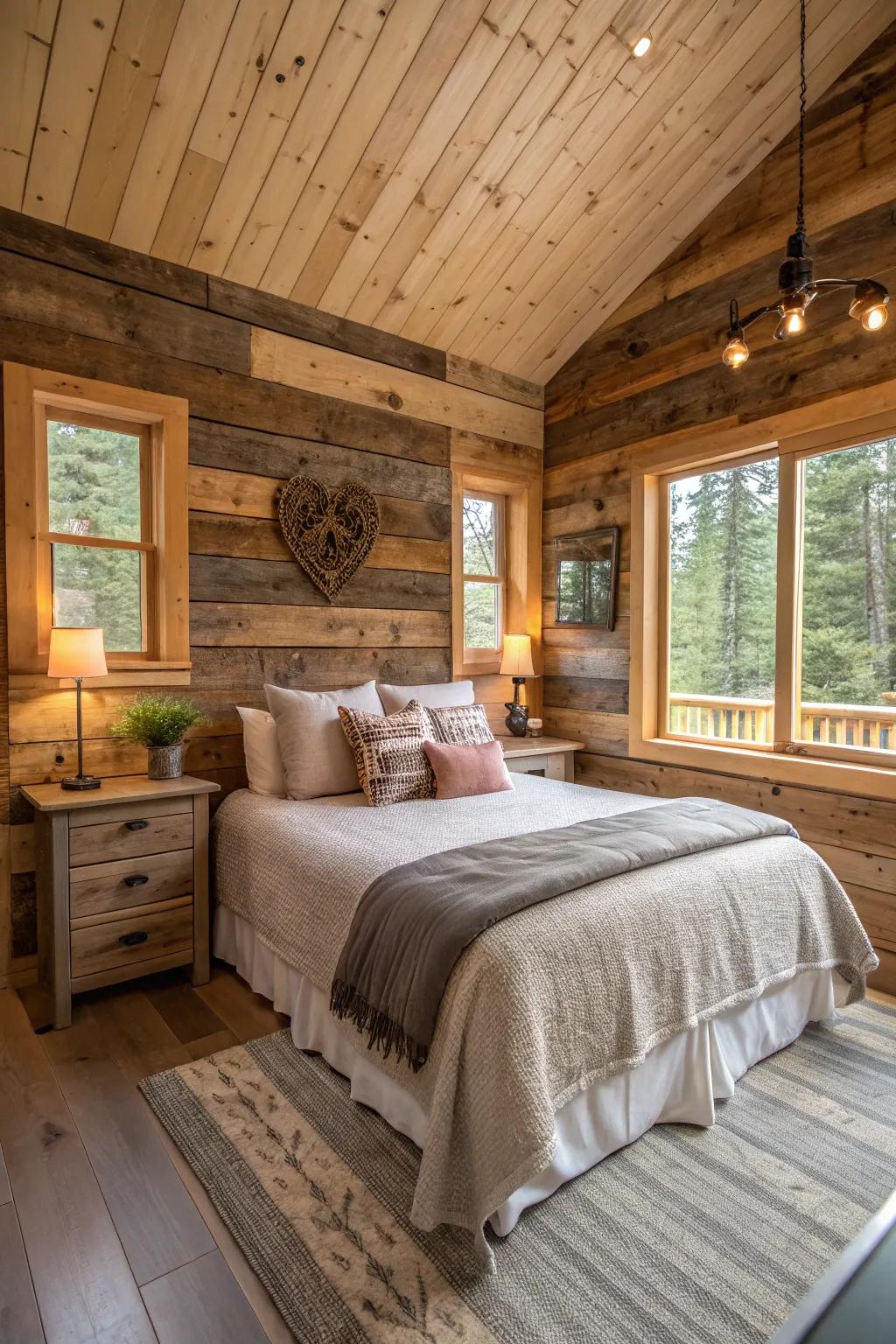 A cabin bedroom emphasizing a feature wall created from reclaimed timber.