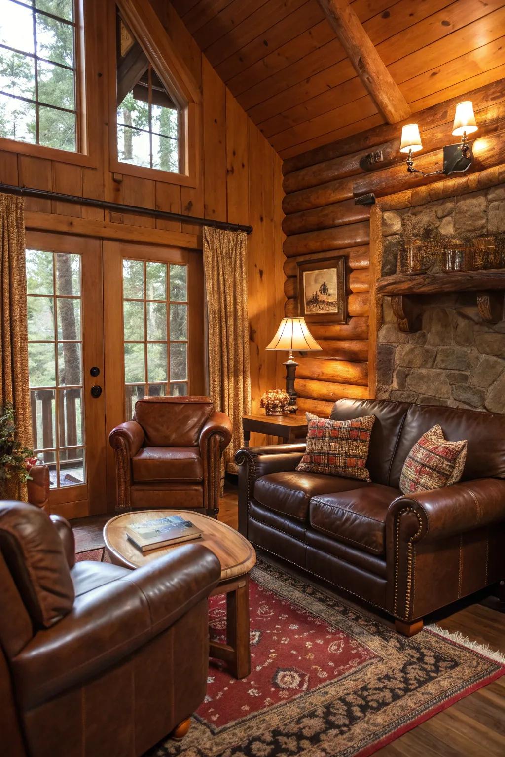 Leather accents give the cabin a timeless and countryside appeal.