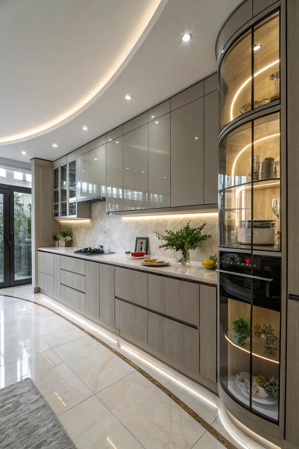 Rounded cabinet doors add a distinctive elegance to the kitchen.