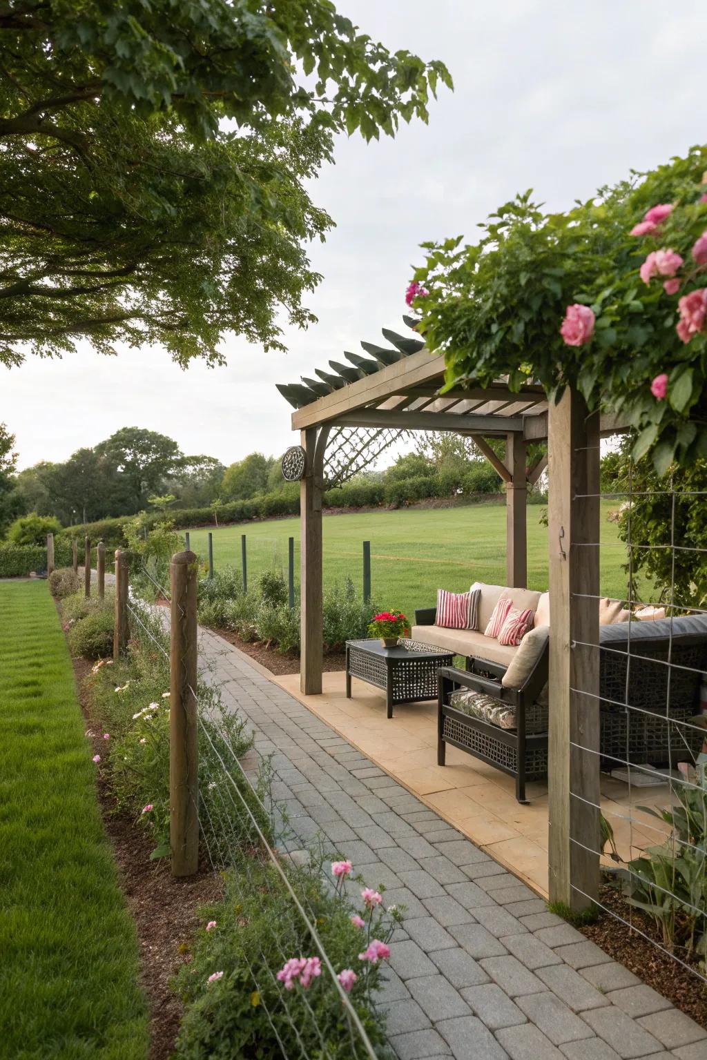 Pergola with cable fence in a cozy garden
