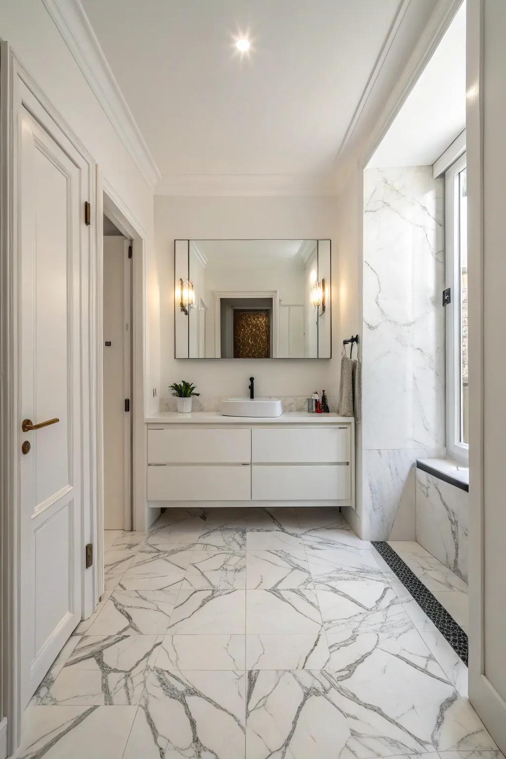 A minimalist bathroom featuring a sophisticated Luminous Argento marble floor.