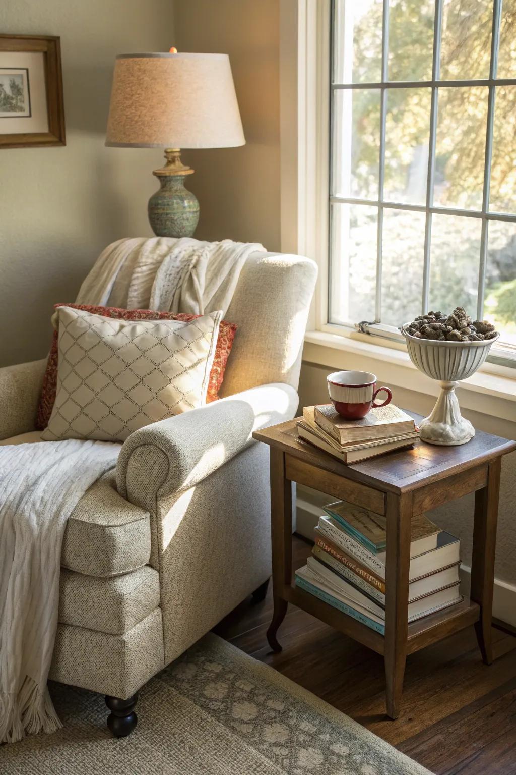 This bedroom corner features a cozy reading nook with a plush armchair and side table.